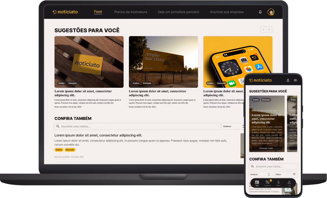 Interface do Noticiato exibida em notebook e celular
