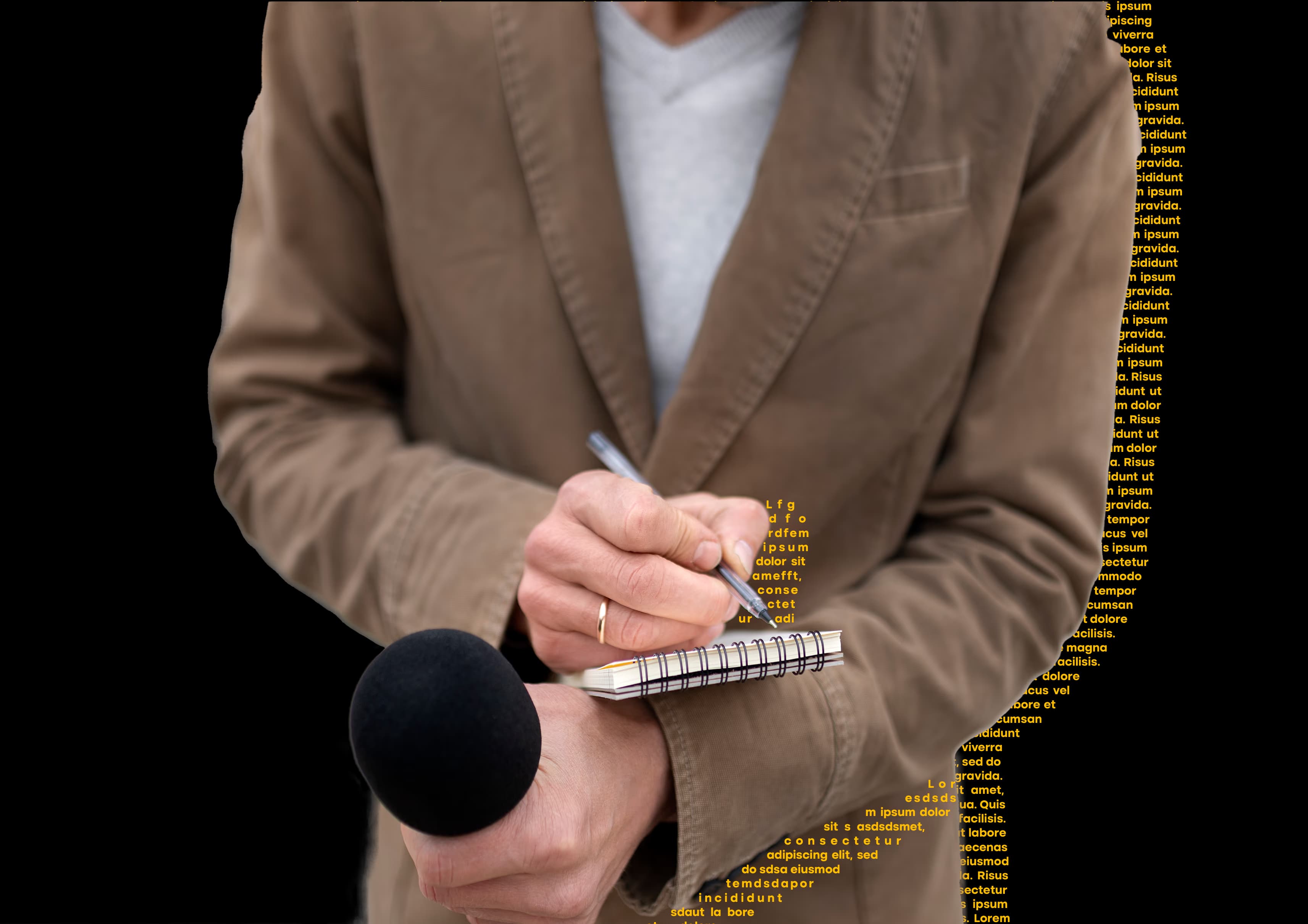 Imagem de um jornalista ouvindo o público com um bloco de notas.